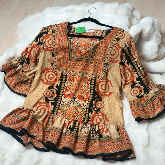 Bohemian Floral Print Blouse - Orange and Black - Picture 2 of 6